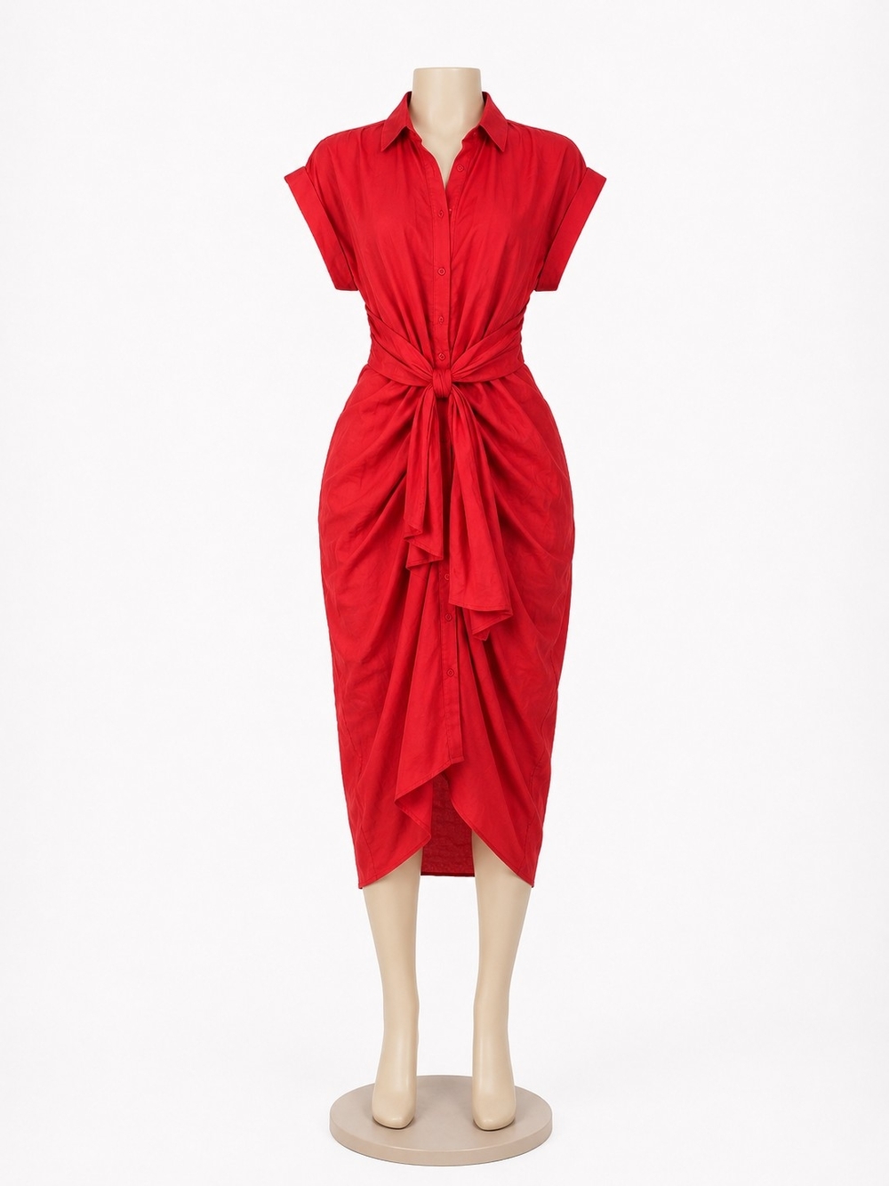 Steve Madden Red Tie-Waist Midi Shirt Dress